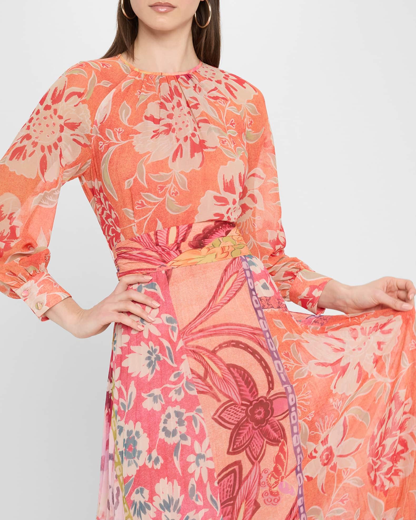 Pleated Patchwork-Print Chiffon Midi Dress Product Image