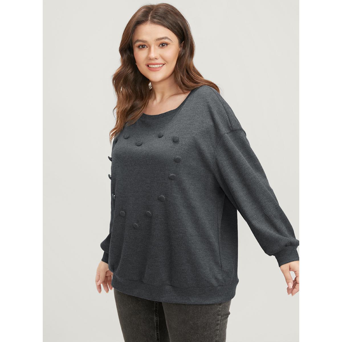 Plus Size Solid Button Detail Round Neck Waffle Knit Sweatshirt Women DimGray Elegant Button Round Neck Dailywear Sweatshirts BloomChic 28/5X Product Image