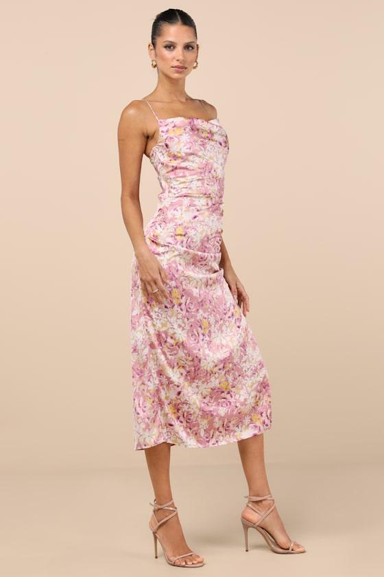 Truest Romance Pink Floral Print Sleeveless Ruched Midi Dress Product Image