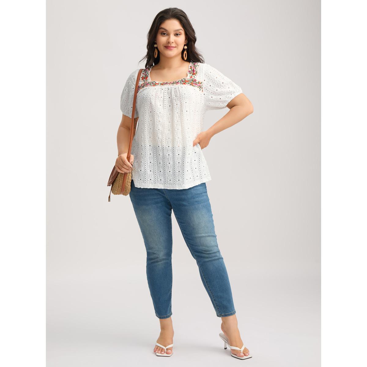 Plus Size Eyelet Trim Floral Embroidered Solid T-Shirt Opticwhite Women Romantic Woven ribbon&lace trim Square Neck Elegant T-shirts BloomChic 22-24/3X Product Image