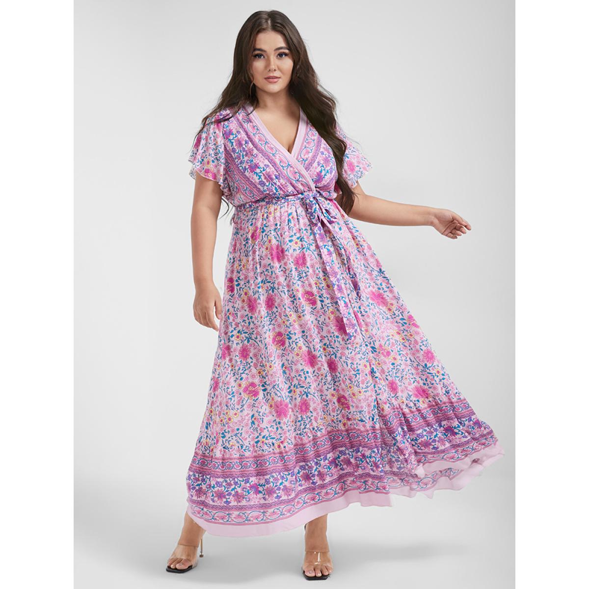 Boho Elegant Flutter Plus Size Women Midi Dress Vacation Bohemian Print Ties Bodycon Ruffle Sleeve Short Sleeve V Neck Belt Dailywear Long Dress BloomChic Product Image