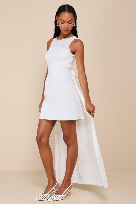 Chic Flourish White Rosette Train Mini Dress Product Image