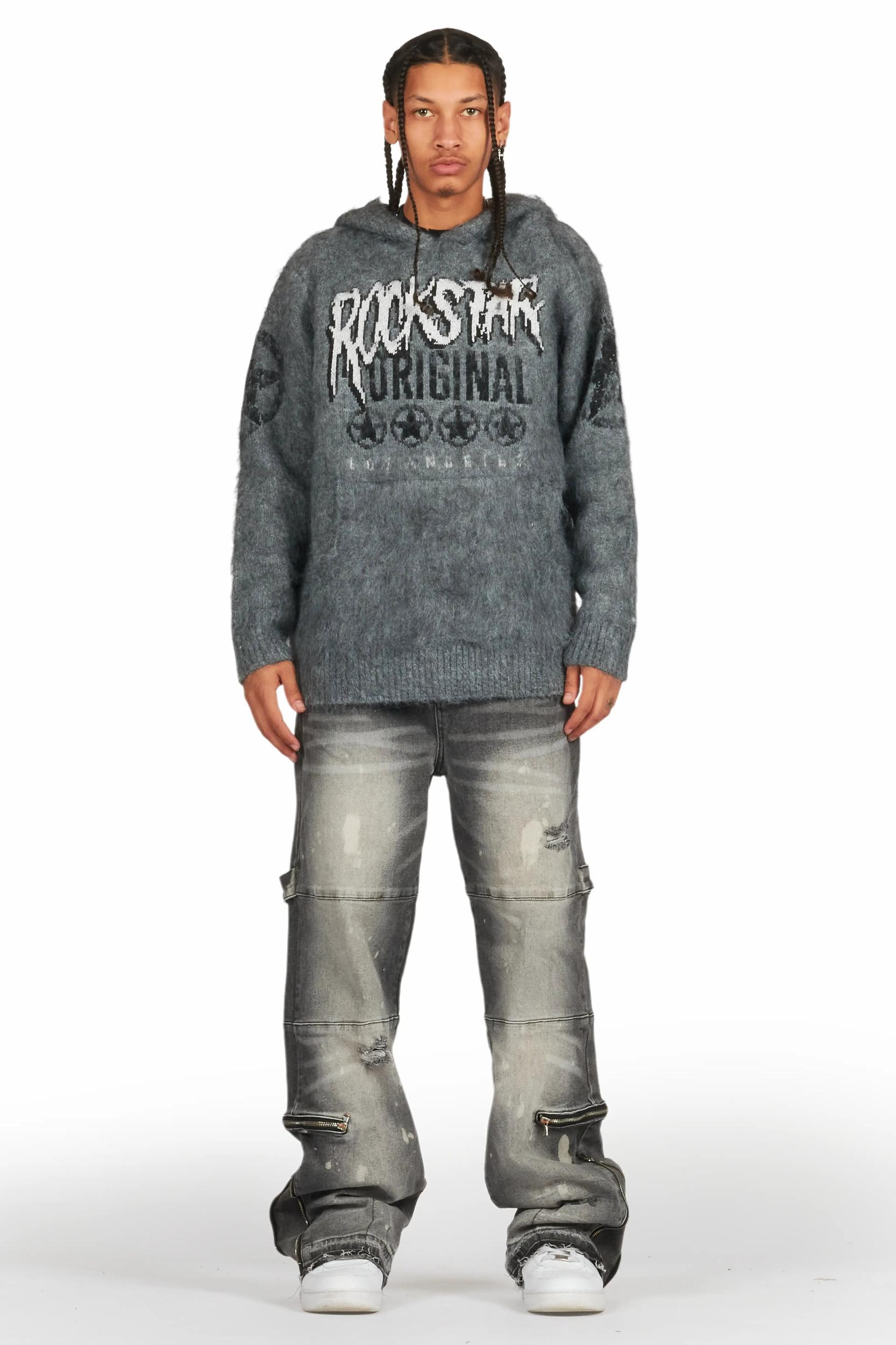 Wizzurd Grey Graphic Knitted Mohair Hoodie Male Product Image