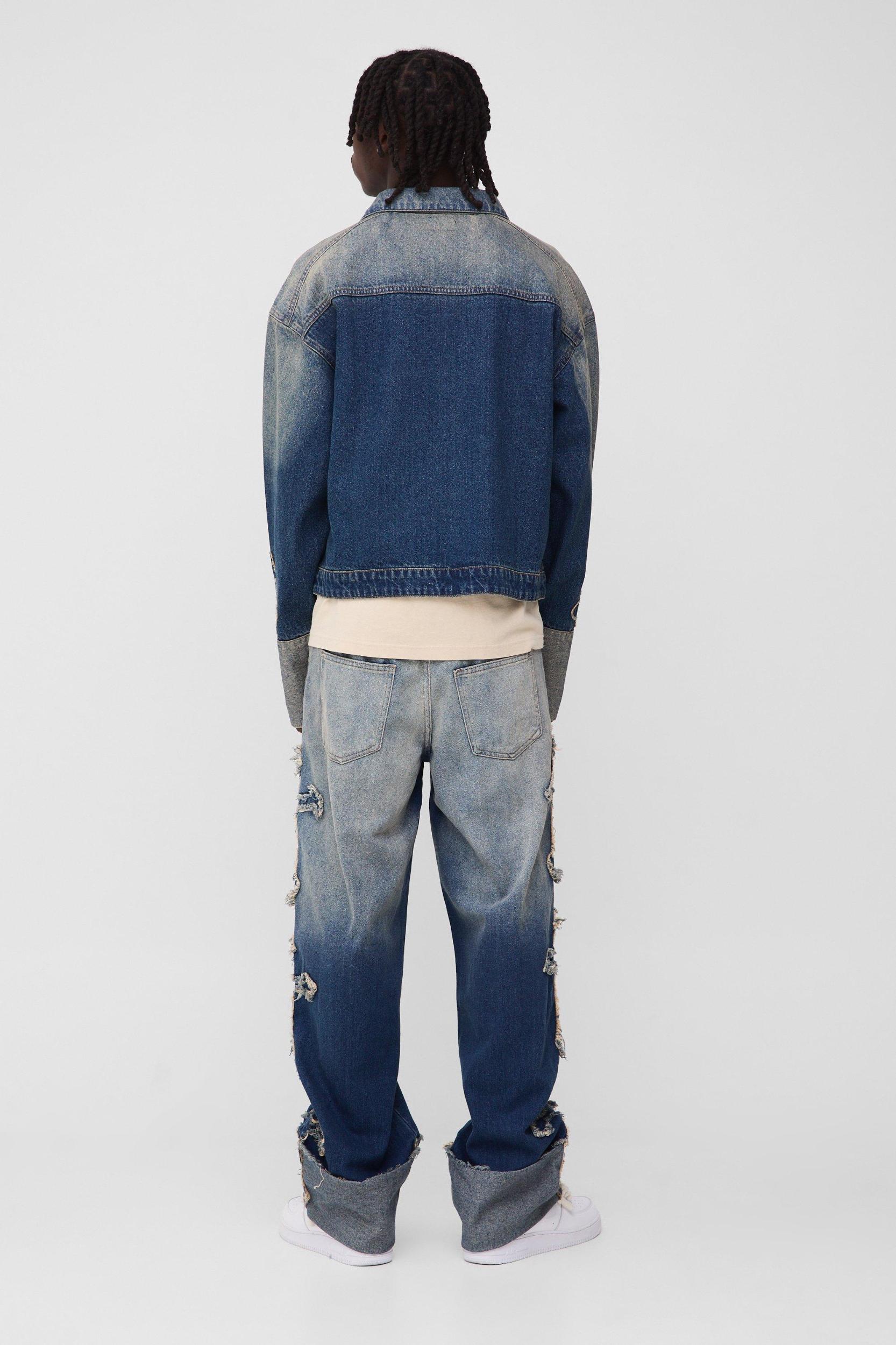 Boxy Fit Cross Applique Denim Bomber Jacket | boohooMAN USA Product Image