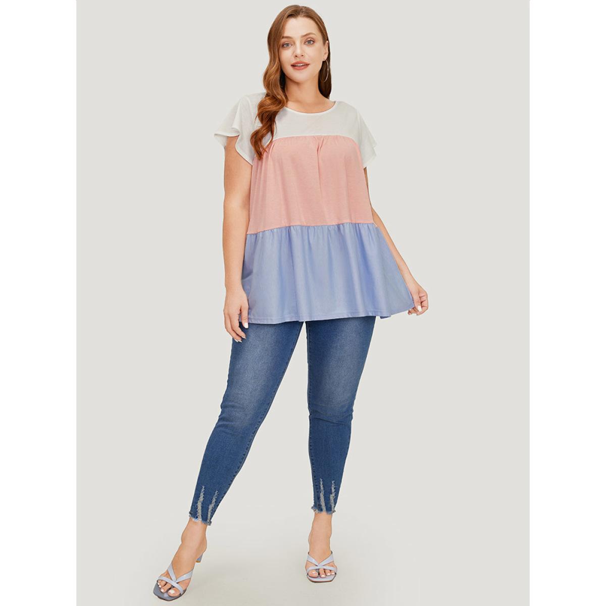 Plus Size Color Block Contrast Cap Sleeve Tank Top Women Multicolor Casual Gathered Round Neck Dailywear Tank Tops Camis BloomChic 22-24/3X Product Image