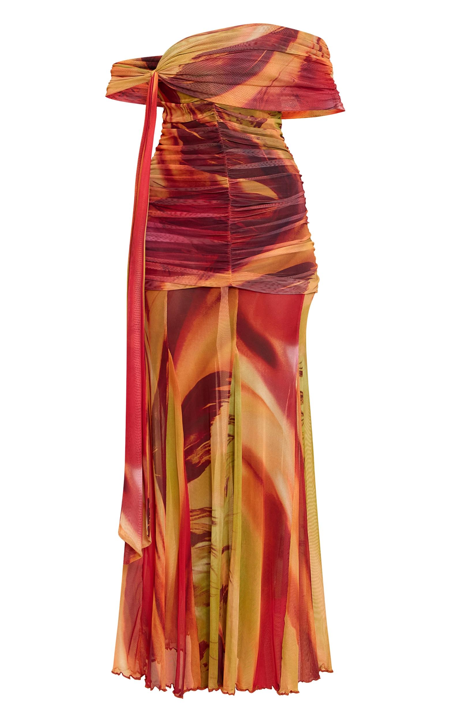 Burnt Orange Abstract Print Lined Mesh Bardot Maxi Dress Product Image
