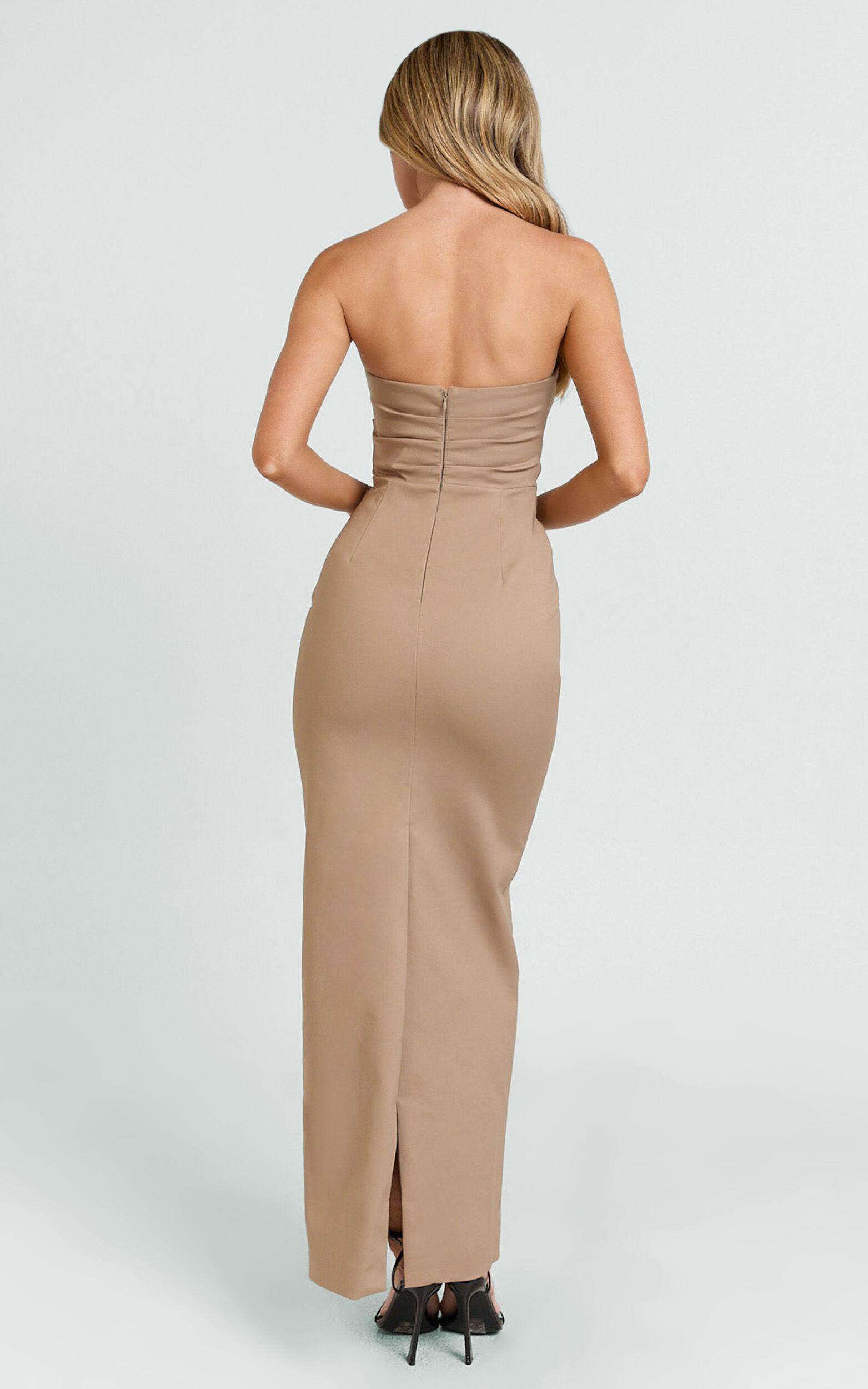 Jamie Midi Dress - Strapless Ruched Fitted Column Dress in Mocha Product Image