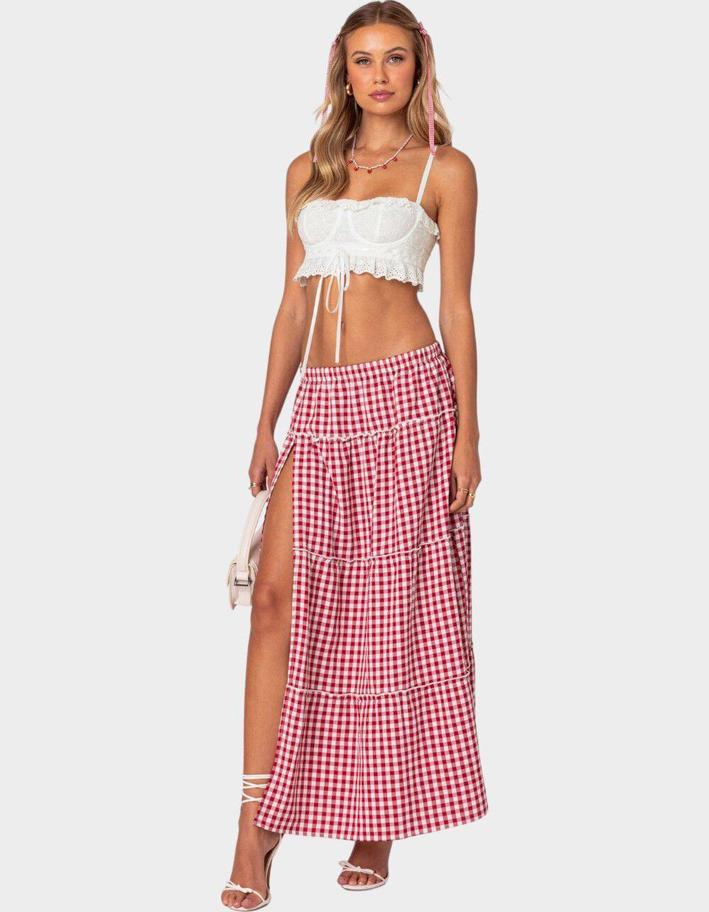 EDIKTED Gingham Side Slit Tiered Maxi Skirt - RED Product Image