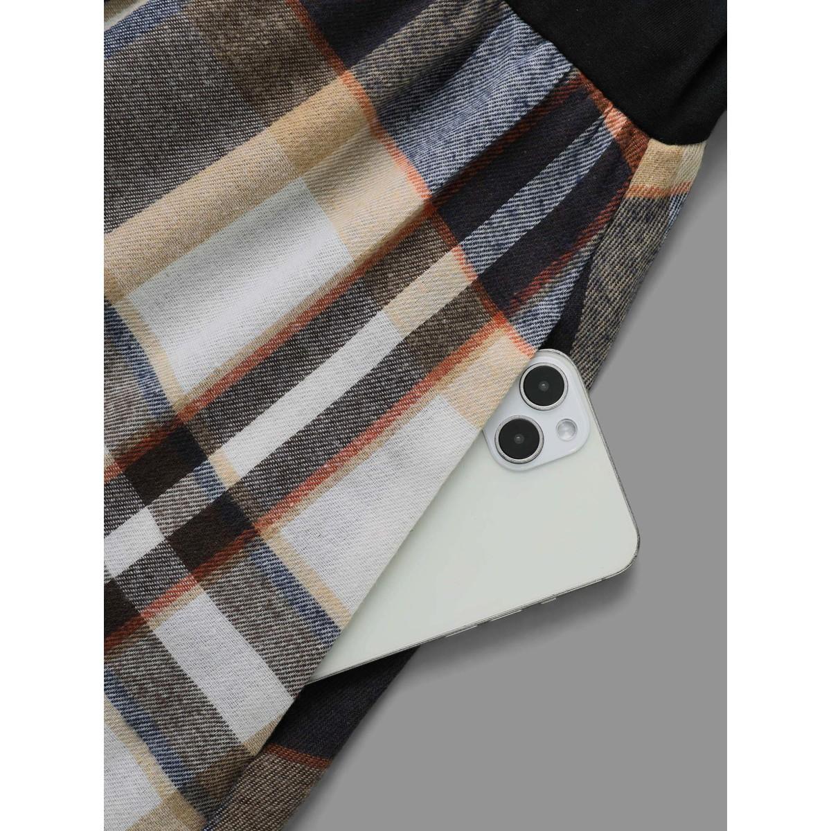 Plus Size Plaid Patchwork Elastic Waist Belted Dress Black Women Casual Belted Round Neck Long Sleeve Curvy BloomChic 12/L Product Image