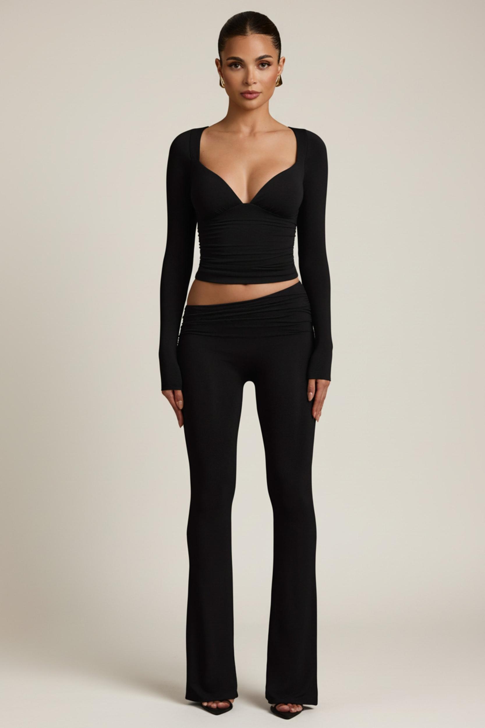 Modal Asymmetric-Waist Flared Trousers in Black Product Image