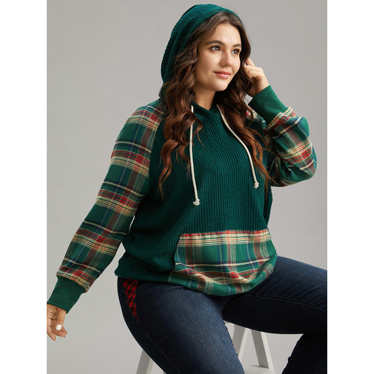 Plus Size Plaid Contrast Pocket Rib Knit Hooded Sweatshirt Women Green Casual Rib Knit Hooded Festival-Christmas Sweatshirts BloomChic 10/M Product Image