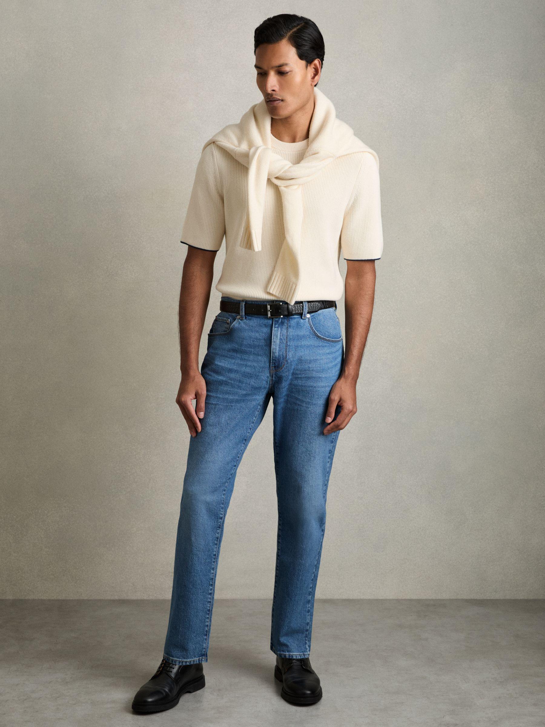 Rib Knit Tipped T-Shirt in Off White/Navy Product Image