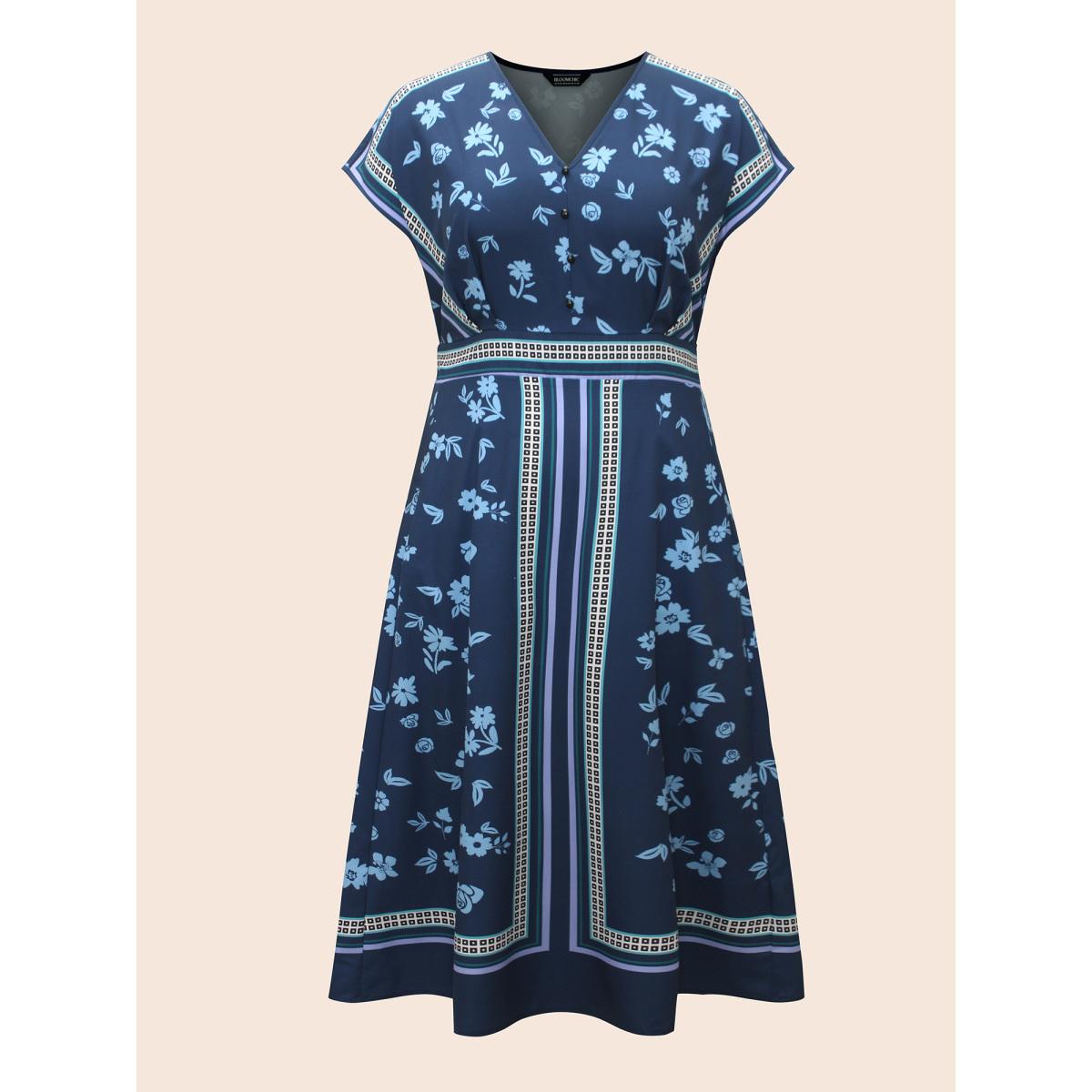 Plus Size Boho Print Shirred Dolman Sleeve Dress Navy Women Elegant Pleated V-neck Short sleeve Curvy BloomChic 22-24/3X Product Image