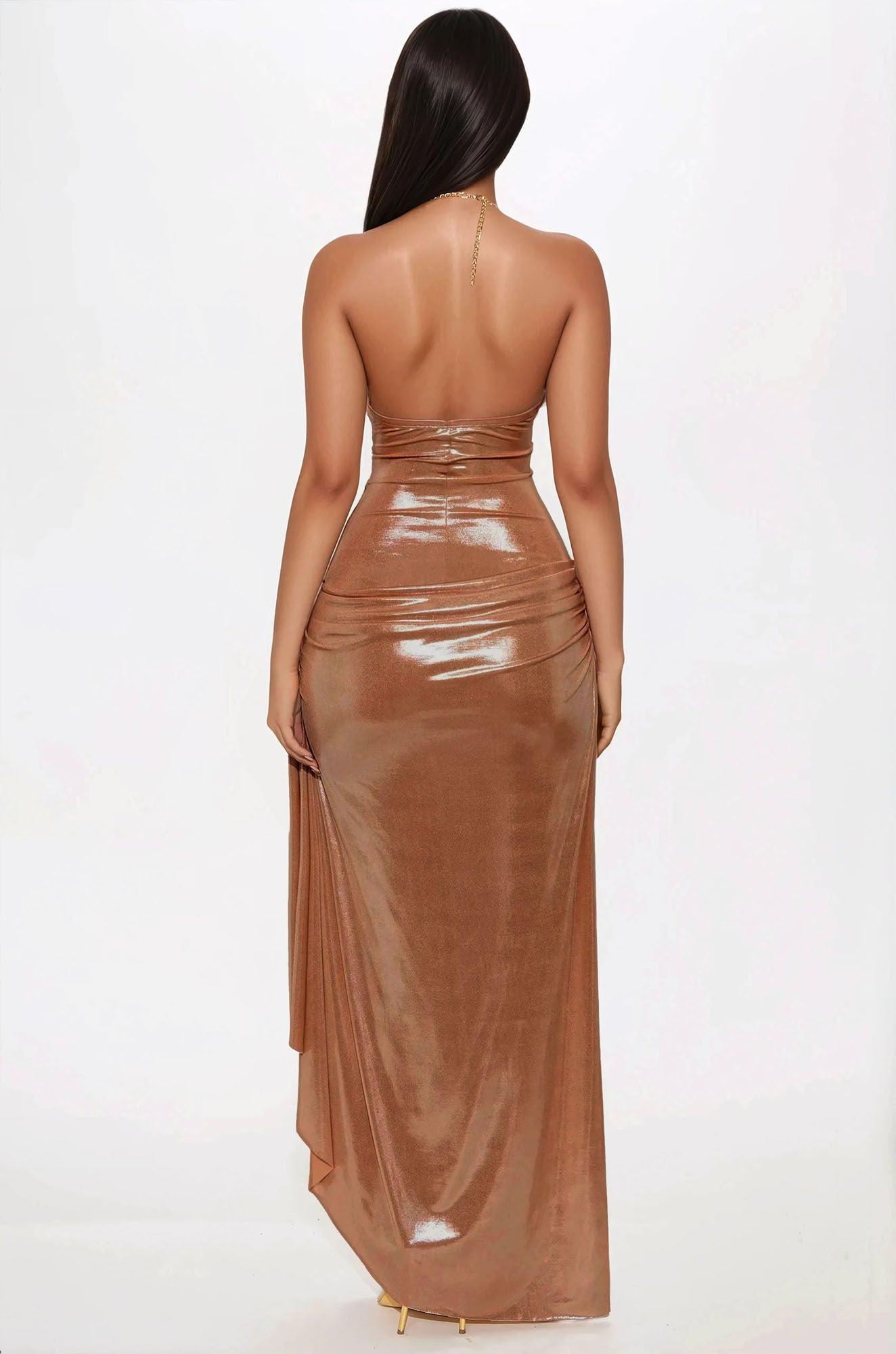 Mira Draped Metallic Maxi Dress - Copper Female Product Image