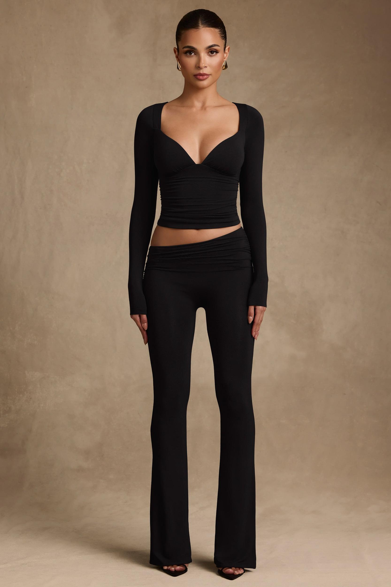 Modal Asymmetric-Waist Flared Trousers in Black Product Image