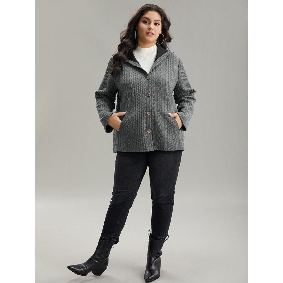 Plus Size Contrast Cable Knit Pocket Hooded Jacket Women Gray Casual Texture Ladies Dailywear Winter Coats BloomChic 18-20/2X Product Image