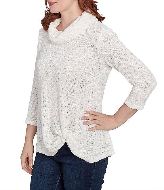 Ruby Rd. Petite Size Chenille Knit Cowl Neck 3/4 Sleeve Twist Front Detail Top Product Image