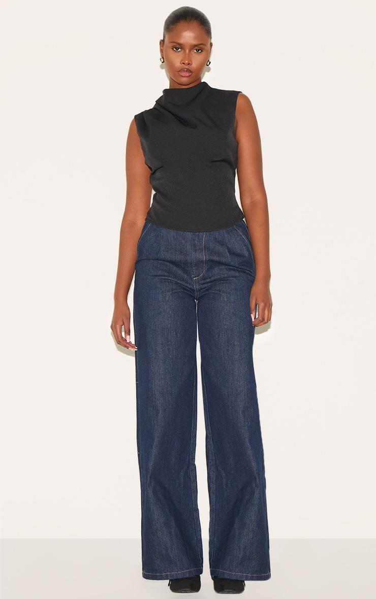 Black Woven Ruched High Neck Top Product Image