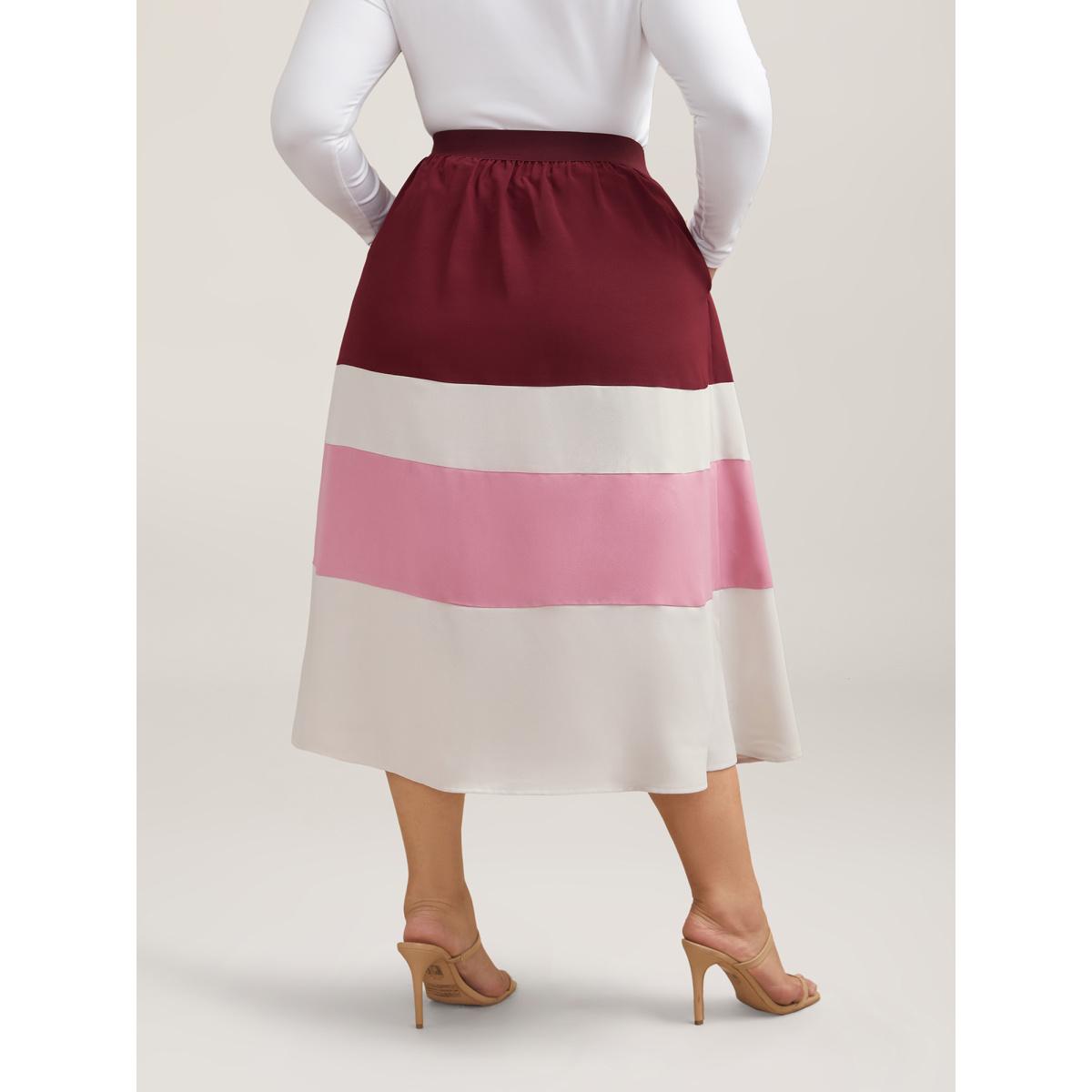 Plus Size Color Block Tiered Midi Skirt Women Scarlet Elegant Contrast Loose Low stretch Side seam pocket Everyday Skirts BloomChic 30/6X Product Image
