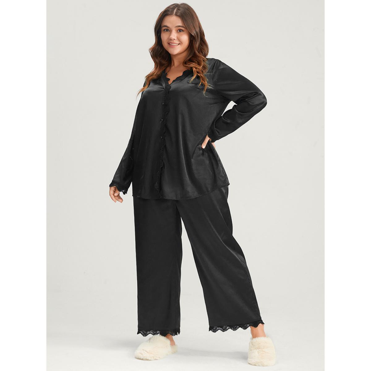 Plus Size Solid Button Up Lace Trim Satin Pajama Set Women Black Plain Long Sleeve V-neck Casual Loungewear Sets BloomChic 10/M Product Image