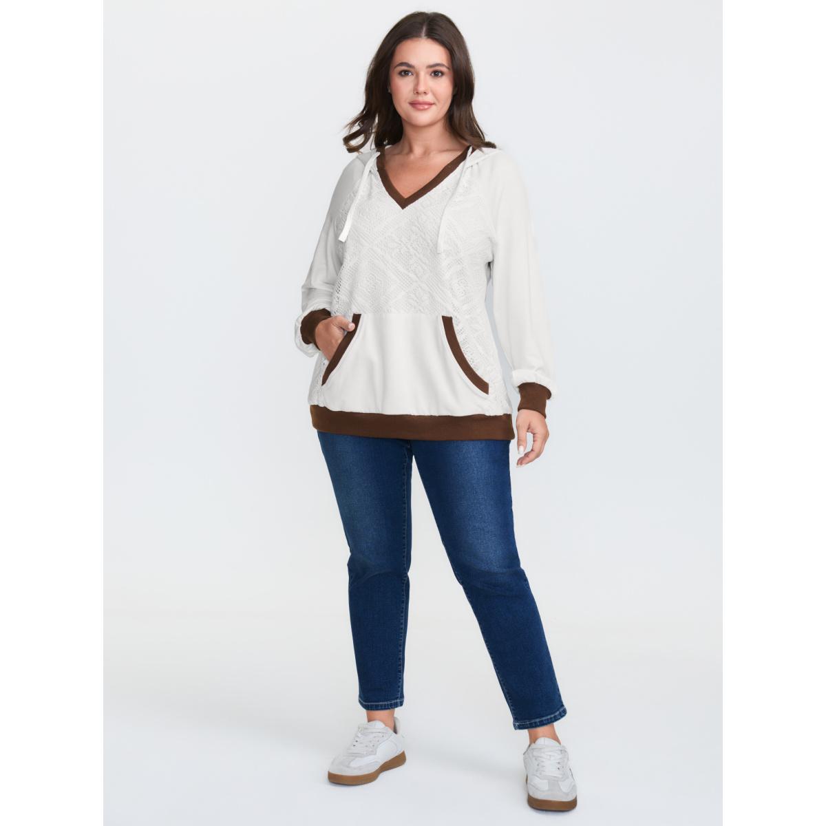 Plus Size Supersoft Lace Trim Colorblock Hoodie Women Ivory Leisure Contrast Hooded Casual Sweatshirts BloomChic 26/4X Product Image