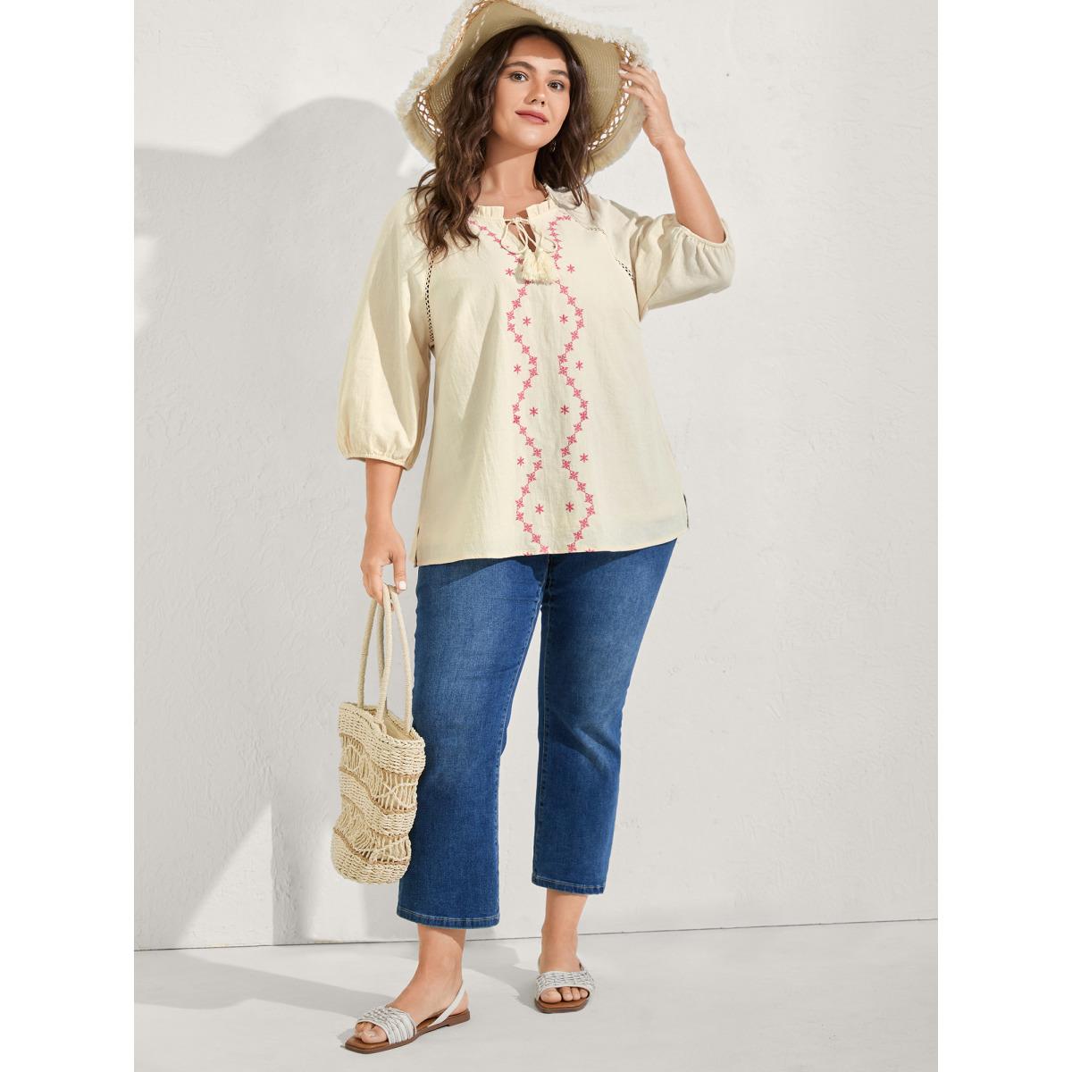 Plus Size Ivory Cotton Lace Embroidered Shirred Neck-Tie Blouse Women Elbow-length sleeve Flat collar with V-notch Vacation Blouses BloomChic 14-16/1X Product Image