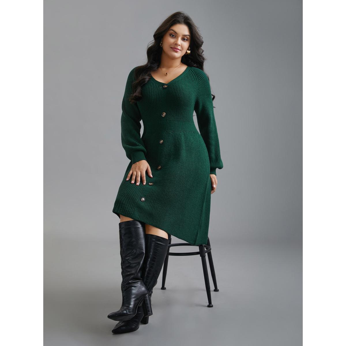 Plus Size Raglan Sleeve Textured Button Detailing Dress DarkGreen Women Elegant Bodycon Long Sleeve Everyday Sweater Dresses BloomChic 28/5X Product Image