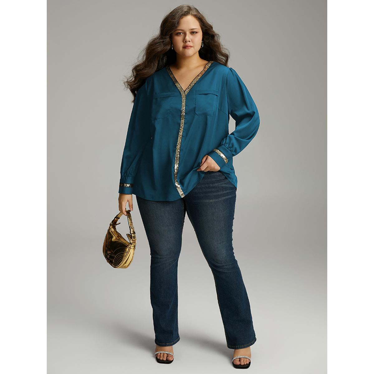 Plus Size Aegean Sequin Patchwork V Neck Blouse Women Glamour Long Sleeve V-neck Party Blouses BloomChic 18-20/2X Product Image