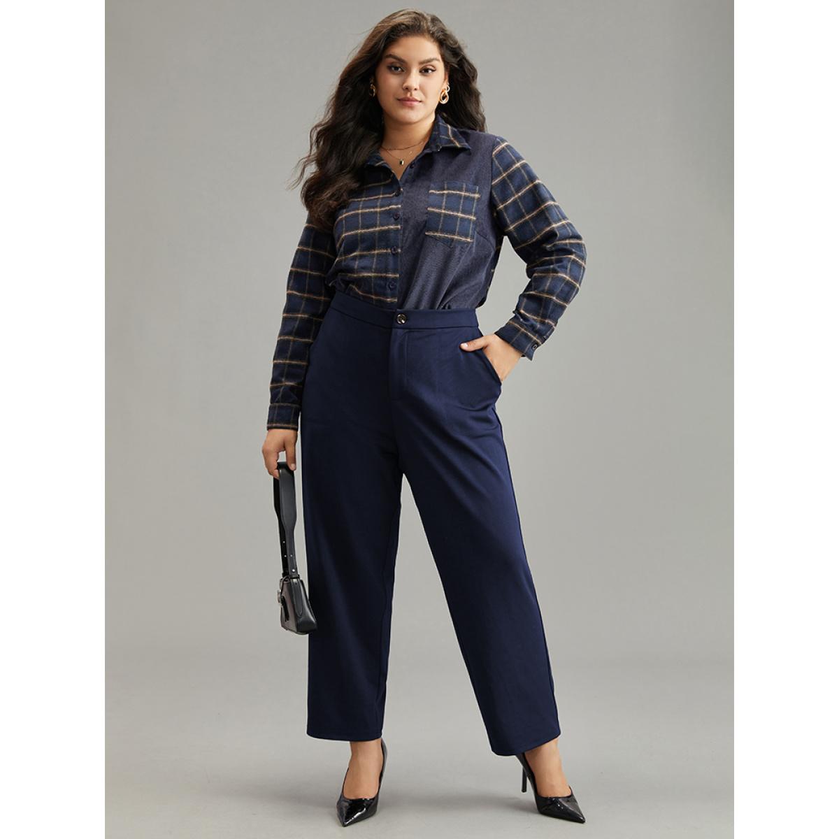 Plus Size Plain Elastic Waist Pocket Mid Rise Pants Women Indigo Office Mid Rise Work Pants BloomChic 26/4X Product Image