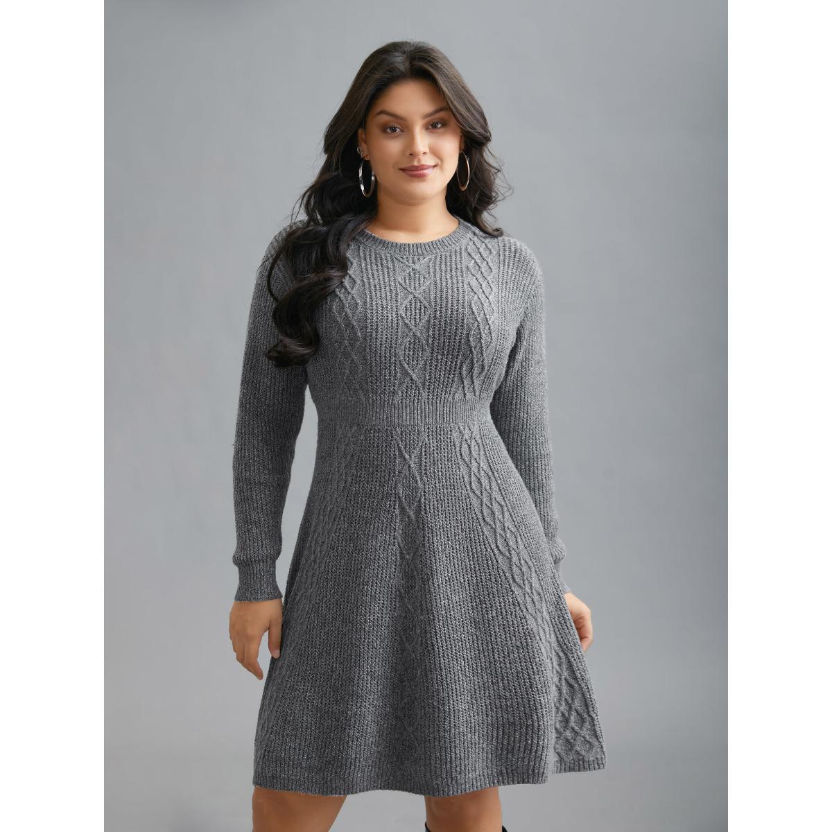 Plus Size Cable Knit Ribbed Waist Cinched Midi Sweater Dress Mediumgray Women Elegant Bodycon Long Sleeve Everyday Sweater Dresses BloomChic 30/6X Product Image