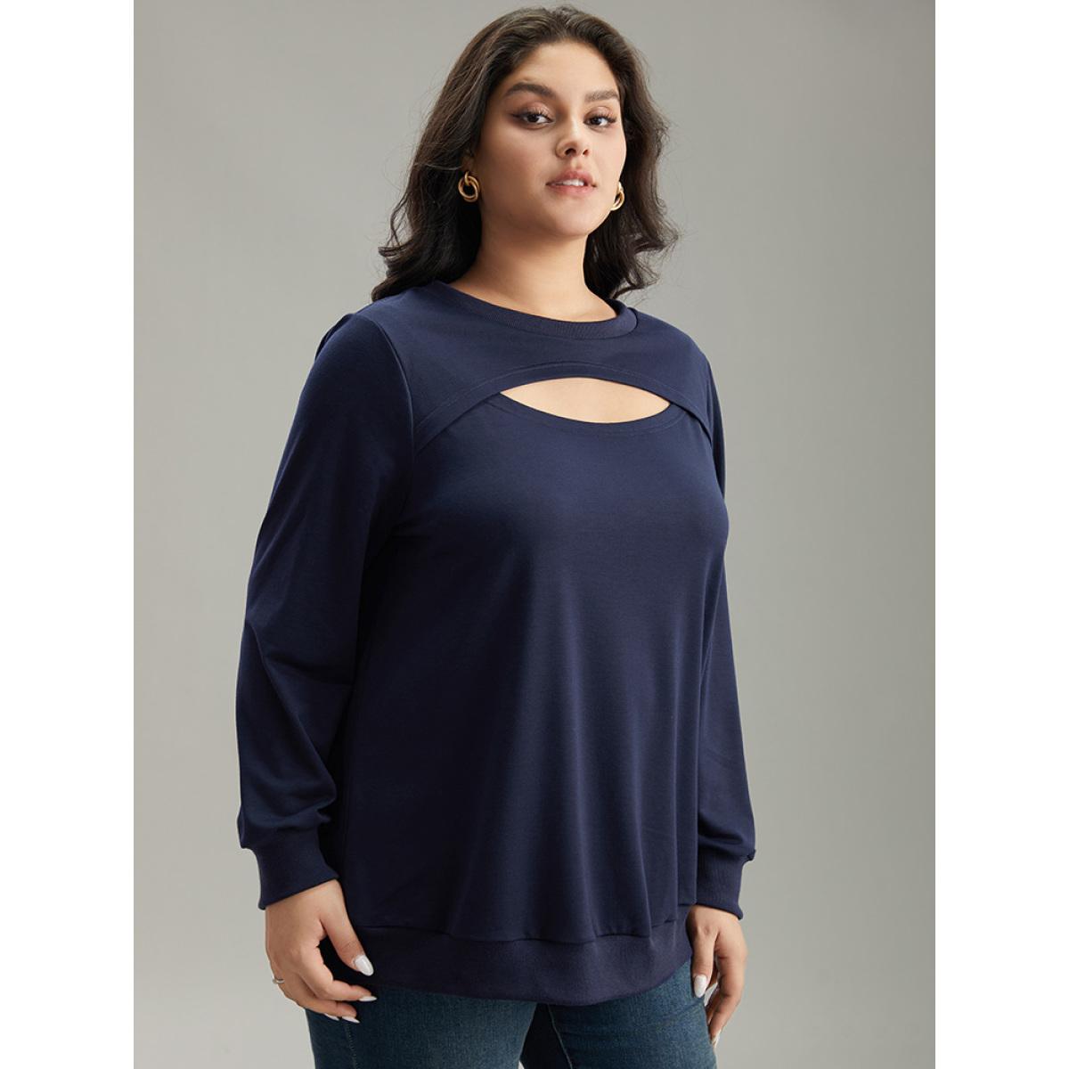 Plus Size Solid Keyhole Elastic Cuffs Sweatshirt Women Indigo Elegant Elastic cuffs Keyhole Cut-Out Dailywear Sweatshirts BloomChic 10/M Product Image