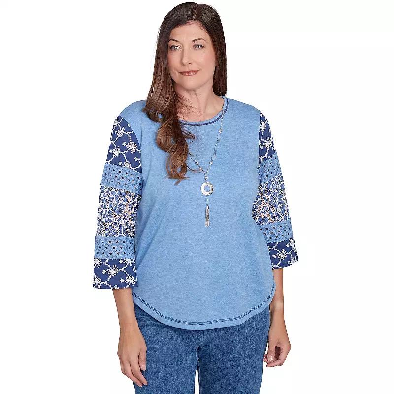 Women's Alfred Dunner Patchwork Sleeve Knit Top with Necklace, Size: Large, Blue Product Image