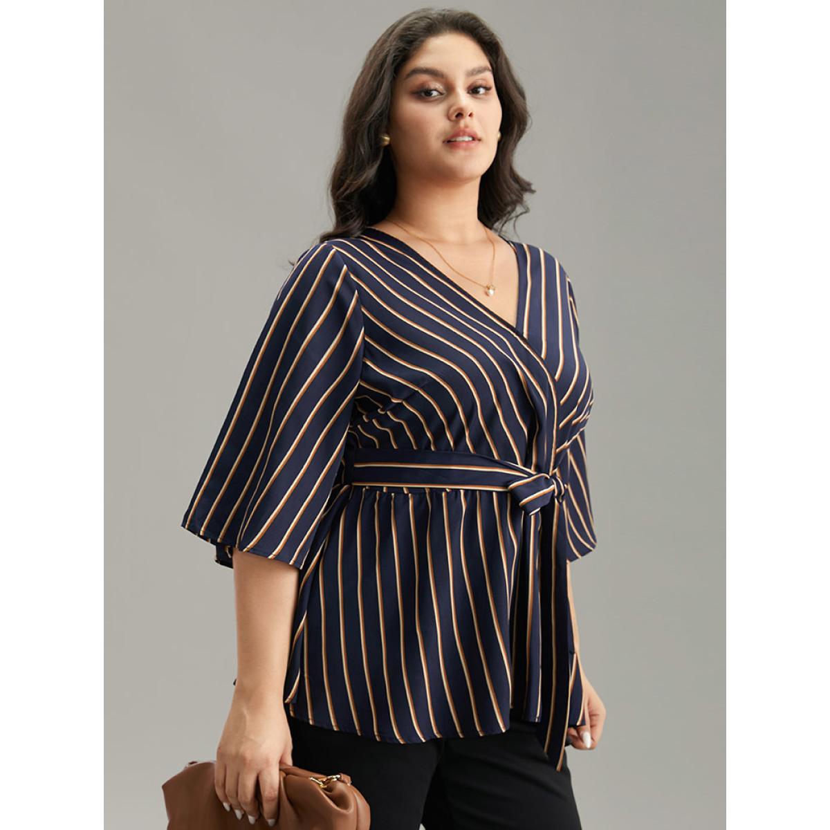 Plus Size Indigo Striped Overlap Collar Bell Sleeve Blouse Women Office Elbow-length sleeve Overlap Collar Work Blouses BloomChic 30/6X Product Image