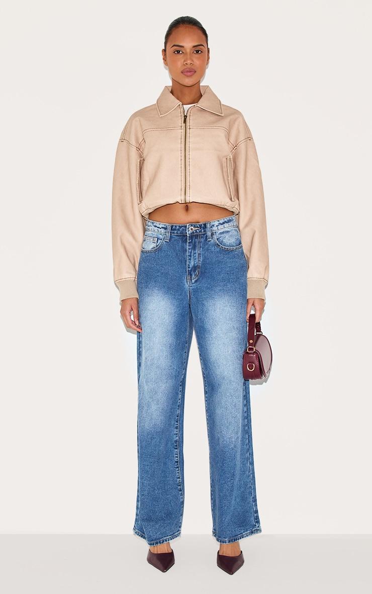 Cream Bleach Detail Faux Leather Cropped Bomber Product Image