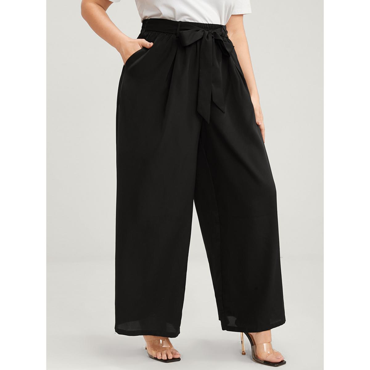 Plus Size Solid Elastic Waist Knotted Front Pocket Wide Leg Pants Women Black Casual Wide Leg High Rise Dailywear Pants BloomChic 10/M Product Image