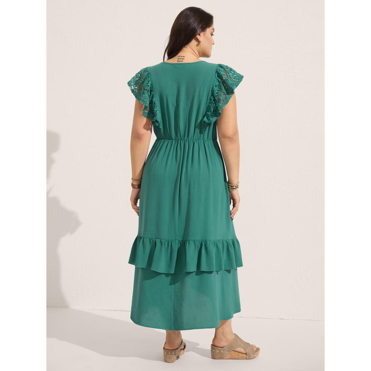 Plus Size Lace Pleated Ruffled Sleeve Midi Dress Emerald Women Round Neck Sleeveless Curvy BloomChic 22-24/3X Product Image
