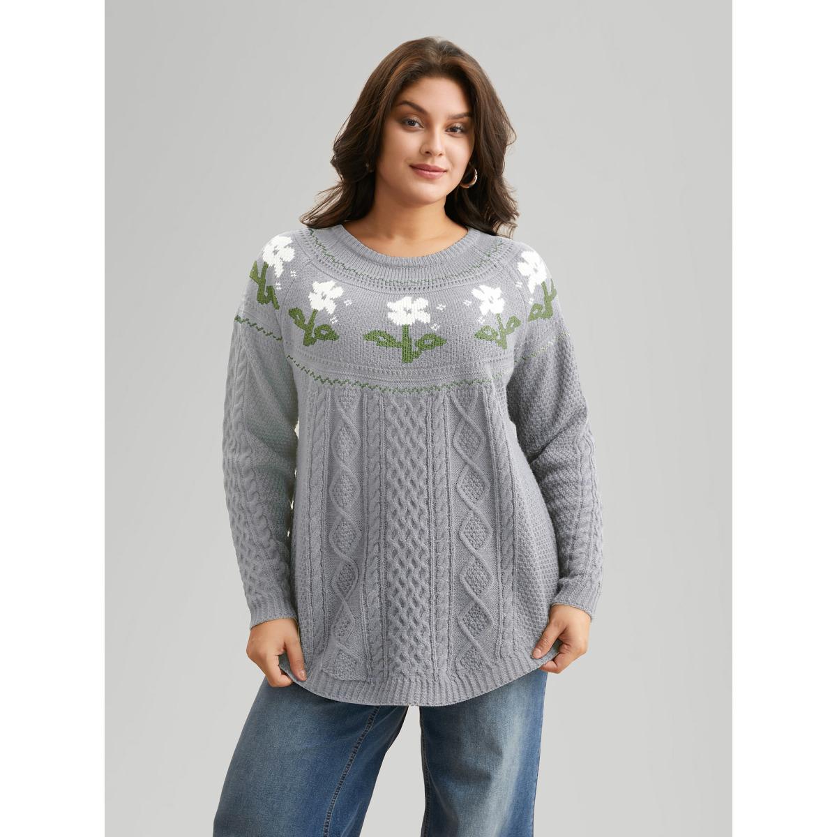 Plus Size Floral Jacquard Raglan Sleeve Pullover LightGray Women Leisure Long Sleeve Round Neck Casual Pullovers BloomChic 28/5X Product Image