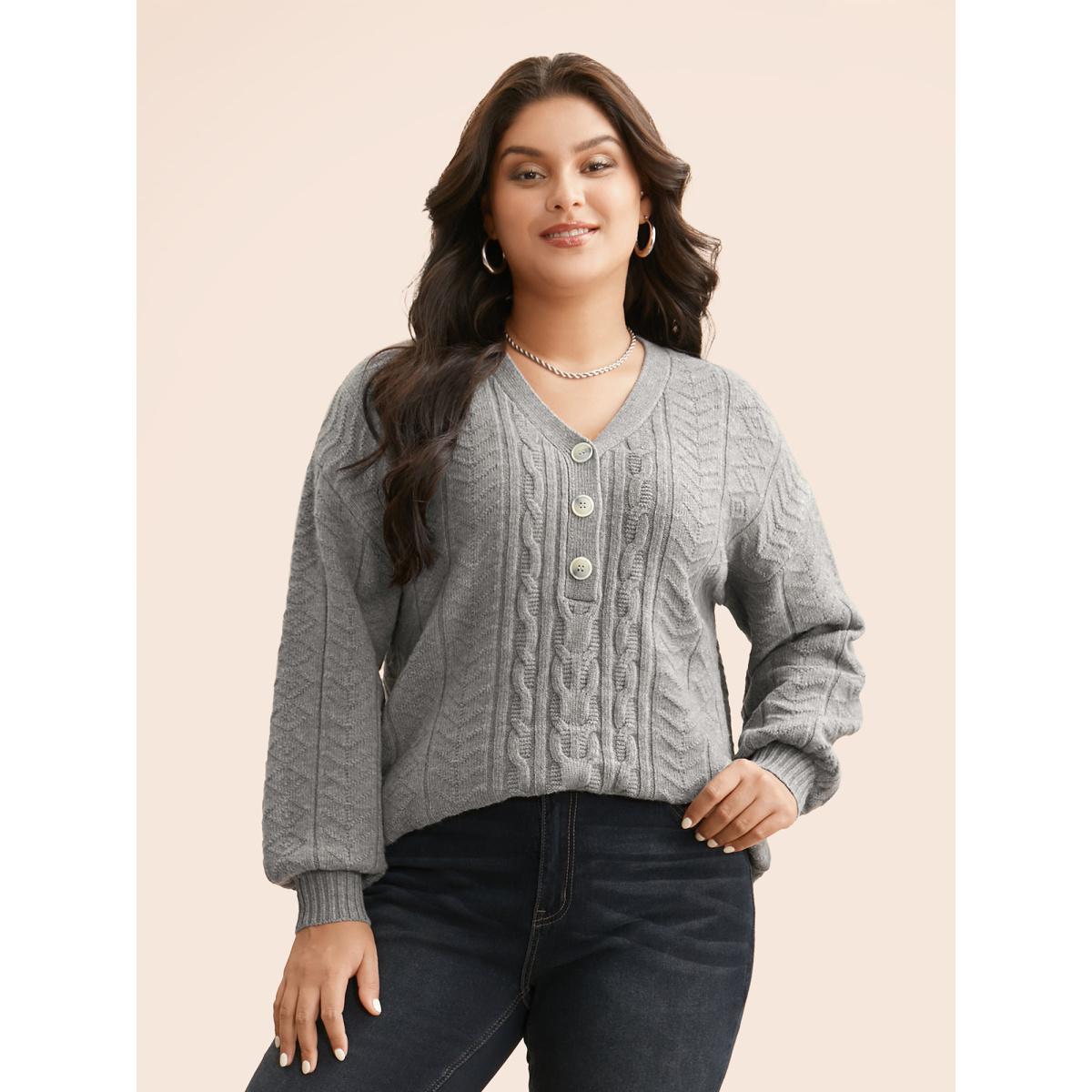 Plus Size Supersoft Essentials Cable Knit Button Up Pullover Mediumgray Women Leisure Loose Long Sleeve V-neck Casual Pullovers BloomChic 12/L Product Image