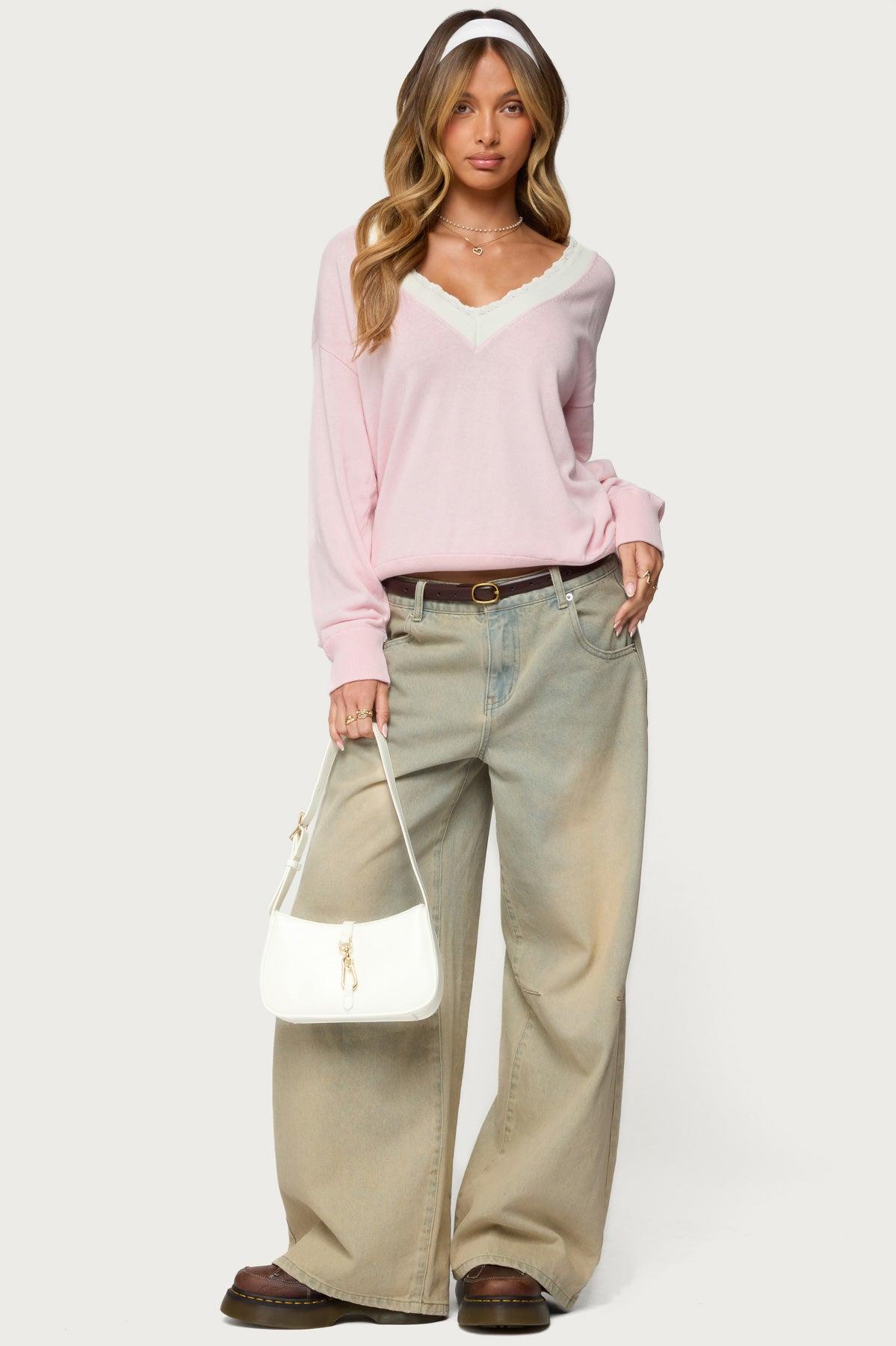 Marie Contrast Lacey V Neck Sweater Product Image