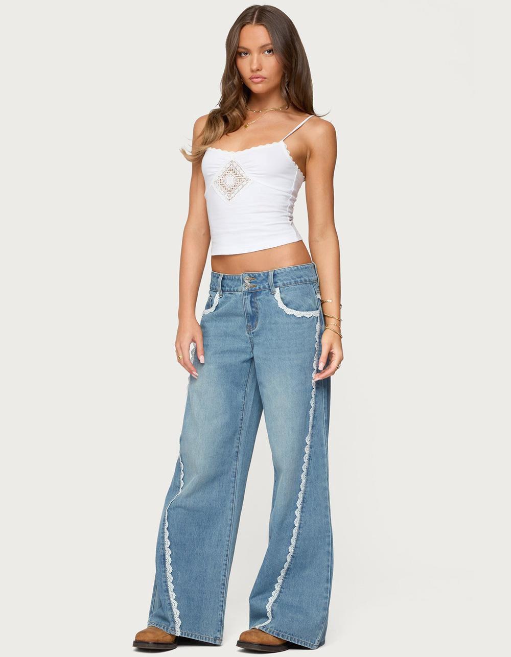 EDIKTED Alisha Lacey Low Rise Jeans - LIGHT BLUE Product Image