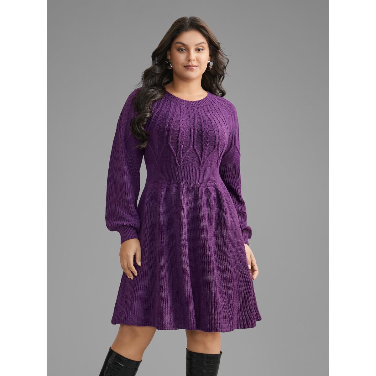 Plus Size Cable Knit Texture Raglan Sleeve Pullover DarkViolet Women Elegant Bodycon Long Sleeve Everyday Sweater Dresses BloomChic 28/5X Product Image