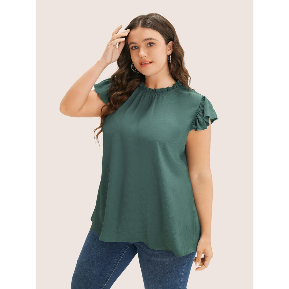 Plus Size Mint Plain Mock Neck Cap Sleeve Ruffle Trim Blouse Women Timeless Short sleeve Mock Neck Elegant Blouses BloomChic 26/4X Product Image