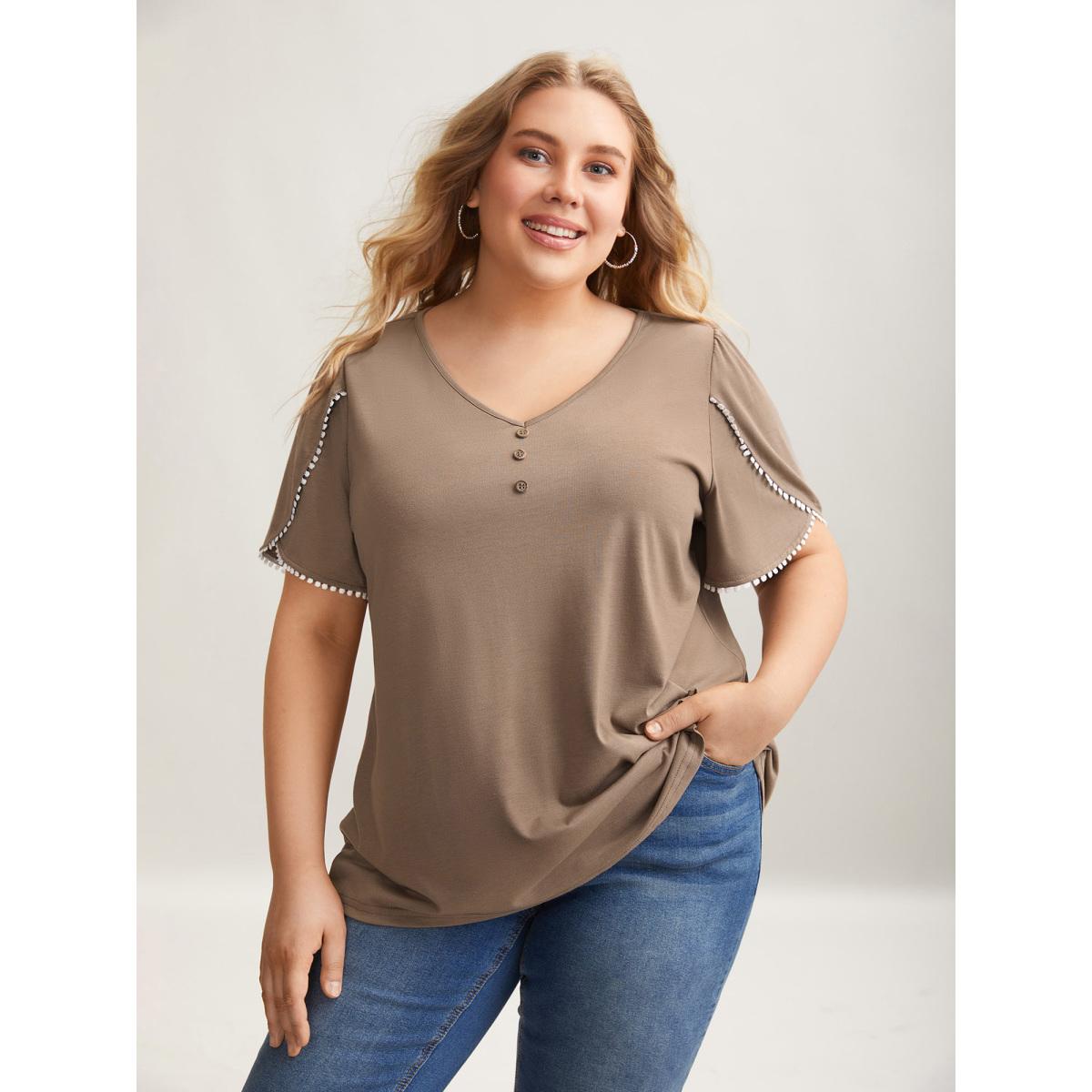 Plus Size Petal Sleeve Lace Button Solid T-Shirt LightBrown Women Casual Petal edge V-neck Everyday T-shirts BloomChic 26/4X Product Image