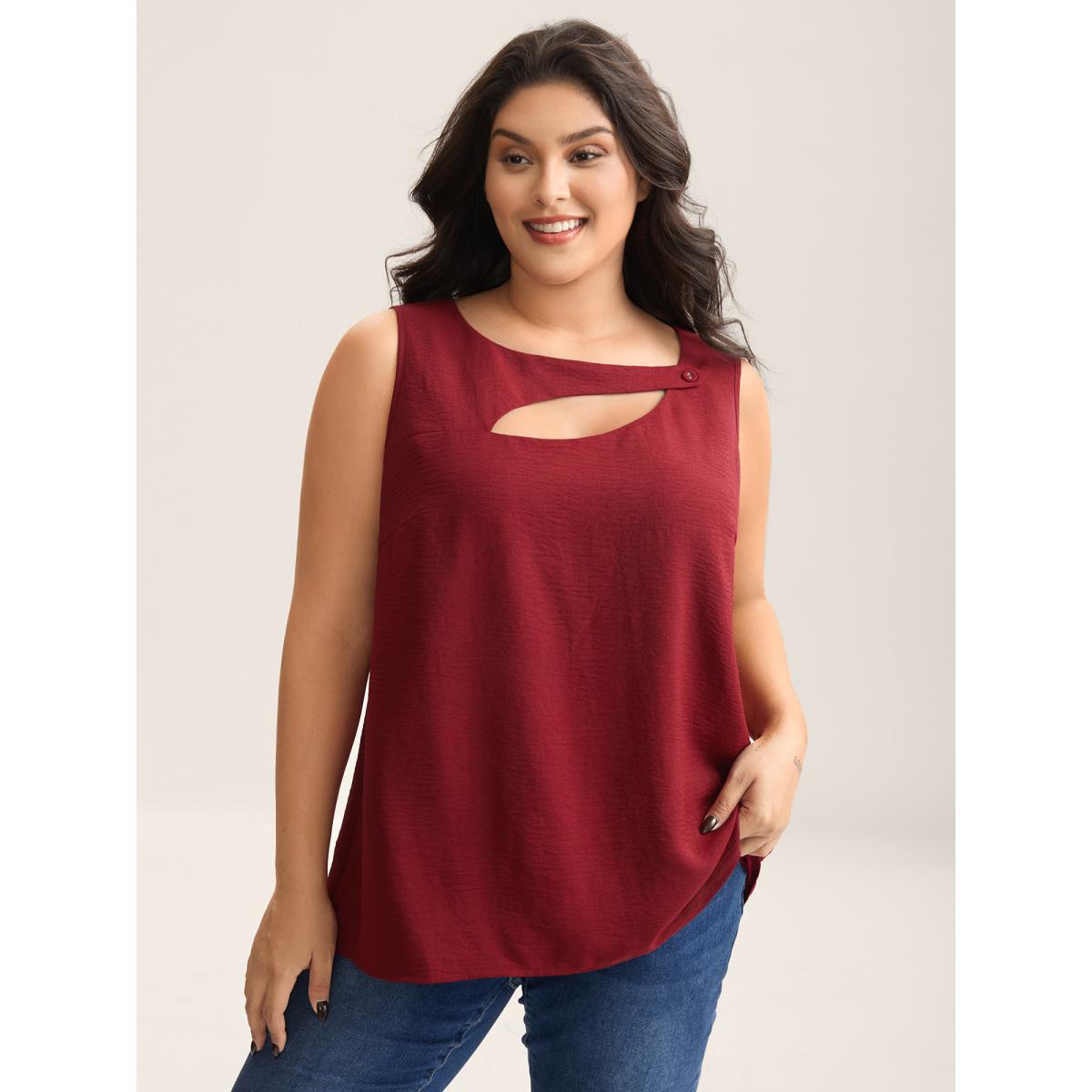 Plus Size Asymmetrical Neckline Cut-Out Solid Tank Top Women Burgundy Button Asymmetrical Neck Everyday-Casual Tank Tops Camis BloomChic 10/M Product Image