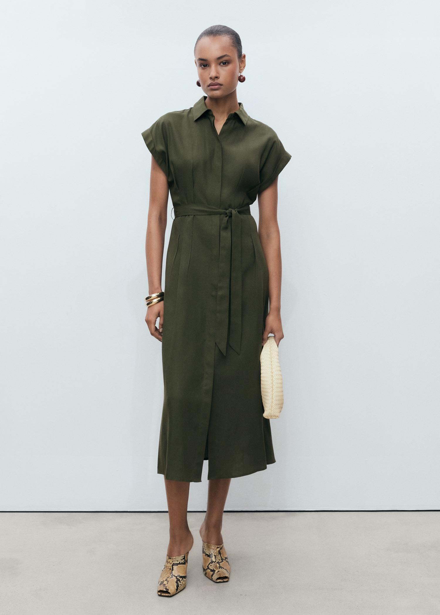 Linen and lyocell-blend shirt dress with belt - Women | MANGO USA Product Image