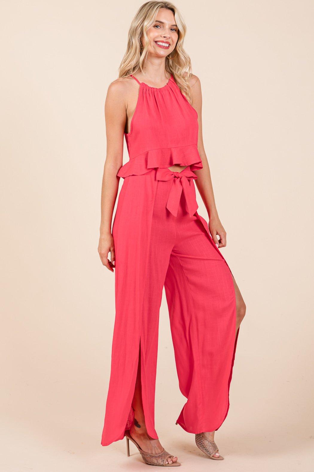 Linen Crop Top And Wide Slit Pants Two Piece Sets Product Image