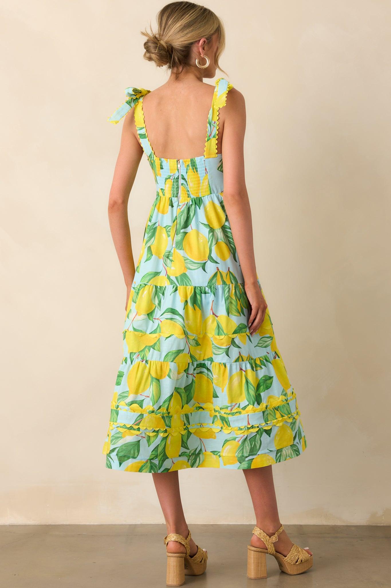 Prosperina Caterina Blue Lemon Print Cotton Midi Dress Product Image