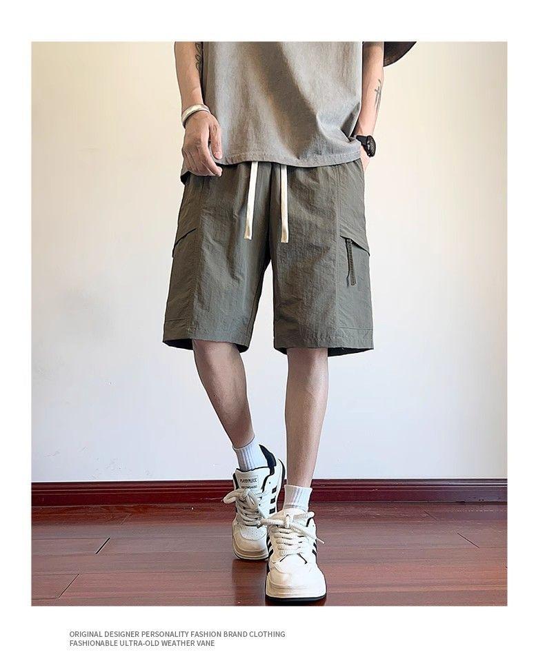 Drawstring Waist Plain Cargo Shorts Product Image