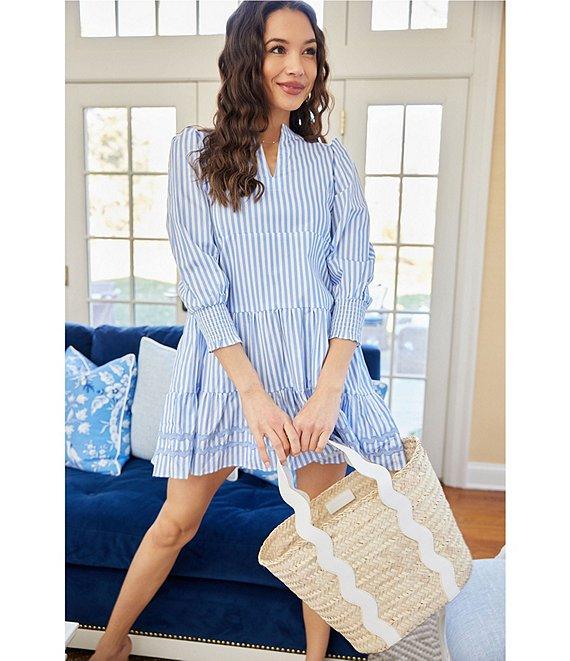 SAIL to SABLE Woven Stripe Split V-Neck Bracelet Sleeve Tiered Dress Product Image