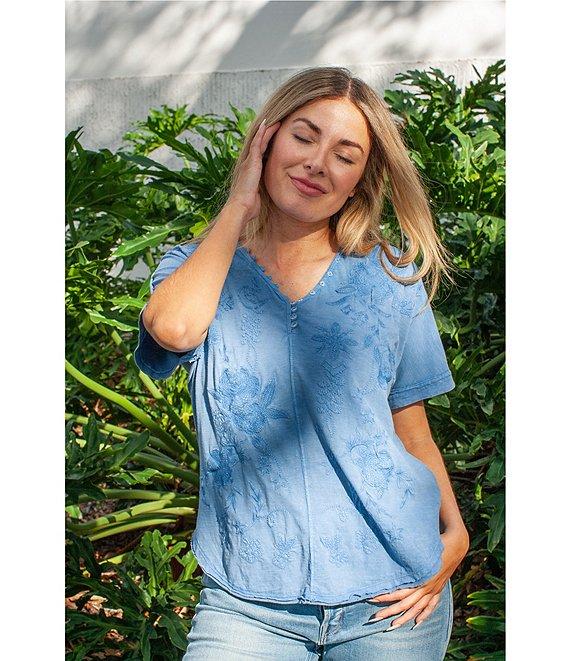 Karyn Seo Alegra Floral Embroidered Button V-Neck Dolman Short Sleeve Tee Product Image